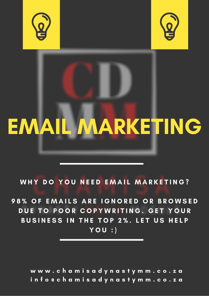 chamisadynasty's tweet photo. WHY DO YOU NEED EMAIL MARKETING?

98% OF EMAILS ARE IGNORED OR BROWSED DUE TO POOR COPYWRITING. GET YOUR BUSINESS IN THE TOP 2%. LET US HELP YOU :)
#copywriting #seo #digialmedia #EmailMarketing #chamisadynastymediamoguls https://t.co/JcI9HzCr1P