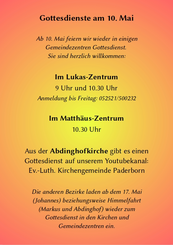 EvPaderborn's tweet photo. Ab Sonntag geht es los mit den ersten Gottesdiensten in unseren Gemeindezentren.
#gottesdienst
#dnkgtt 
#christentum 
#evangelischekirche 
#evangelischinpaderborn https://t.co/6j4Jt3gme5