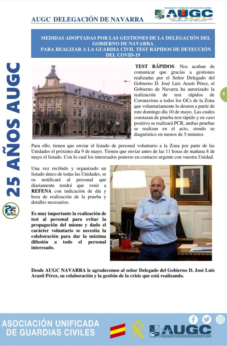 AUGC_Navarra's tweet photo. Desde AUGC NAVARRA agradecemos al Señor Delegado del Gobierno por su colaboración y la gestión de la crisis que está realizando aportando a los Guardias Civiles la posibilidad de realizar los test rápidos para detectar el coronavirus. 
#coronavirus 
#EsteVirusLoParamosUnidos https://t.co/L88KXGkFA0