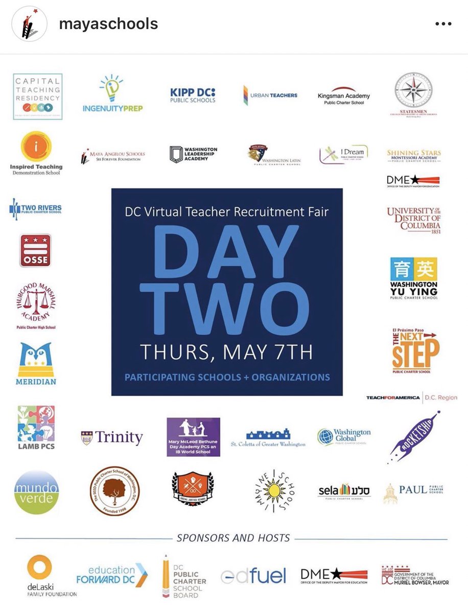 MayaSchools's tweet photo. We have 10 eager teaching professionals waiting in line to chat with our HR and school leaders at the @edfuelorg Virtual Job Fair! It started at 3pm and ends at 6pm. Retweet to share! #MayaSchools #MayaRising @dmefordc #TeachDC https://t.co/5yIrZdTlxI