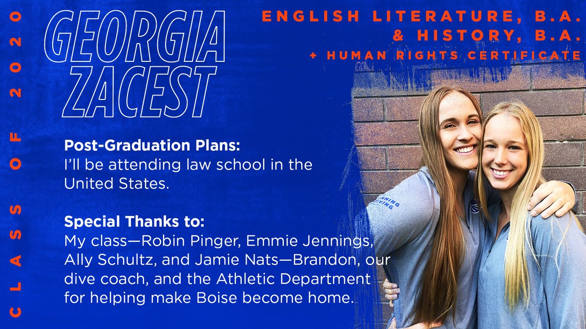 BroncoSportsSD's tweet photo. Congrats to Georgia Zacest on her graduation this week! She is a 3-time Academic All-Mountain West honoree and a Top-10 Scholar at Boise State!

Friday’s virtual ceremony for Bronco student-athletes is set for 11 am on Facebook Live.

💻 https://t.co/sBe0hkwFWQ…

#BleedBlue https://t.co/eGxbhhRsHF