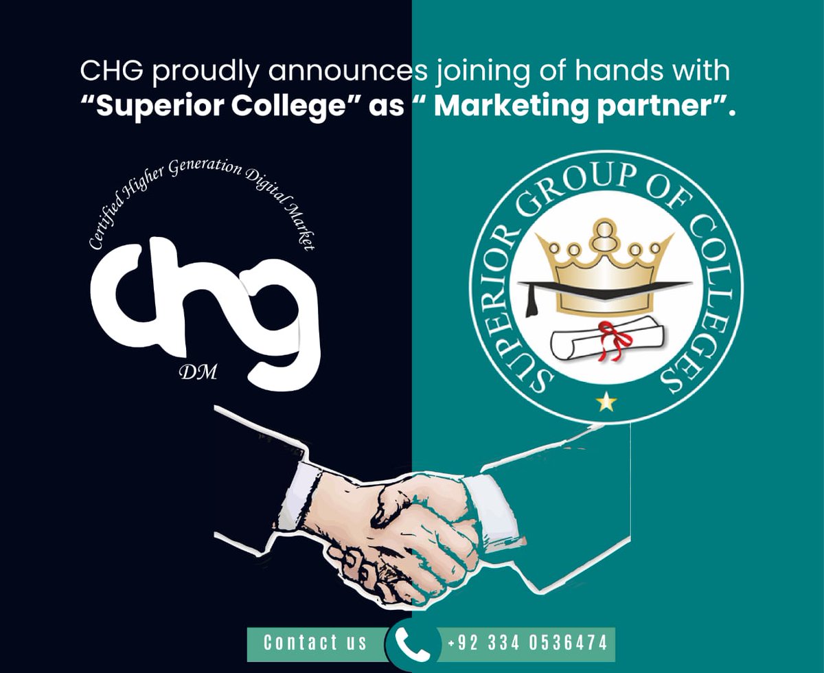 ChgMarket's tweet photo. Being together, we join hands
Being the best, We decide plans.
CHG Digital Market is pleased to announce joining of hands with Superior College as Marketing partner.

#CHG #ChgDigitalMarket #CHGDM #DigitalMarketing #SuperiorCollege #MarketingPartner https://t.co/es7n9jLcDD