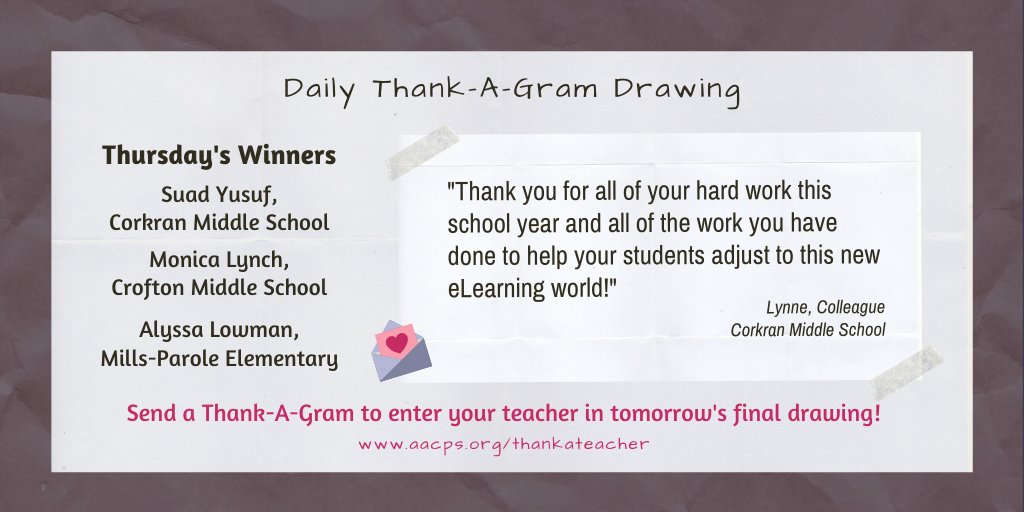 AACountySchools's tweet photo. The winners of today’s Thank-A-Gram drawings are Suad Yusuf (Corkran Middle), Monica Lynch (Crofton Middle) &amp; Alyssa Lowman (Mills-Parole Elementary)! Enter your teacher for our last drawing at https://t.co/u07Lr9iFOb. https://t.co/5EBuqajMTR