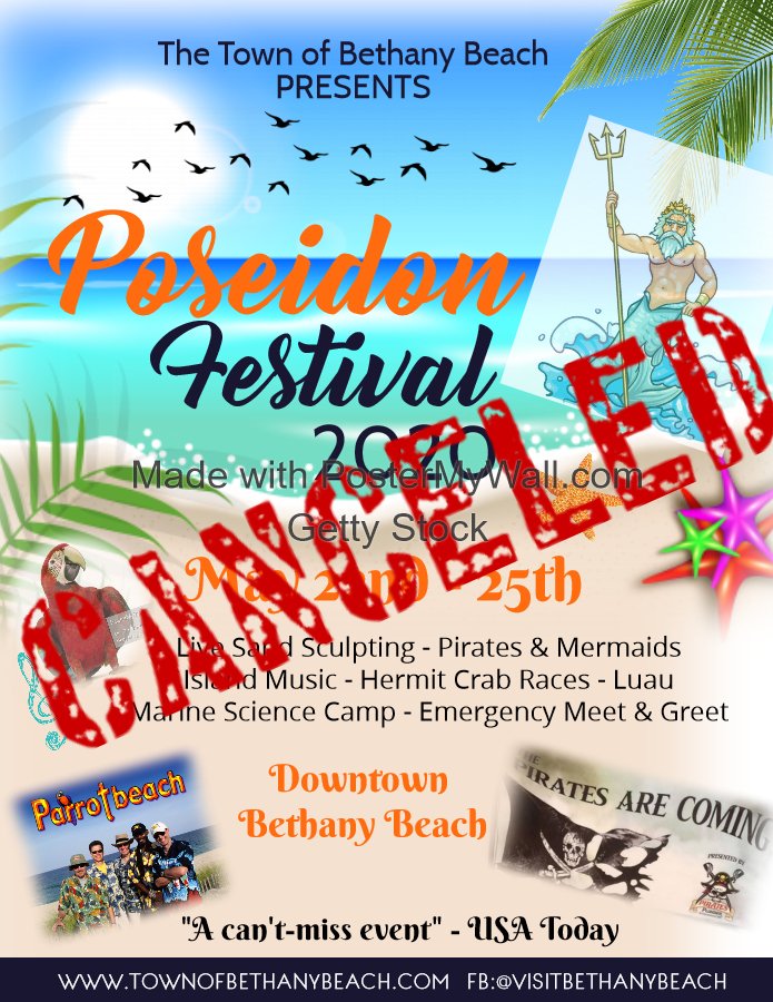 The 2020 Poseidon Festival is canceled due to COVID-19.  Save the 2021 date: May 28-31, Memorial Day Weekend. #bethanybeachevents