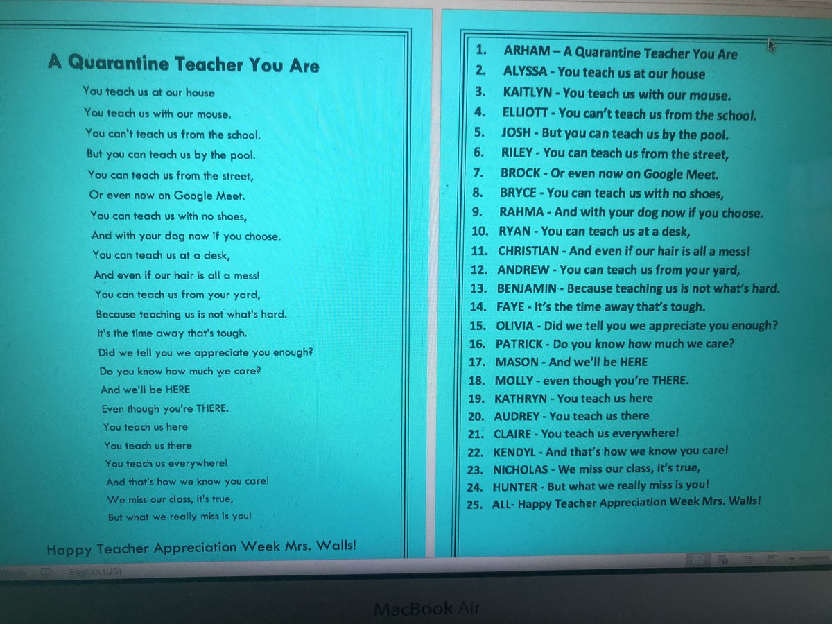 MrsWallsFC's tweet photo. What an amazing gift!   My sixth graders performed a virtual poem for me!  How clever!   #whatmakesFCspecial https://t.co/8MqFyiOJ8J