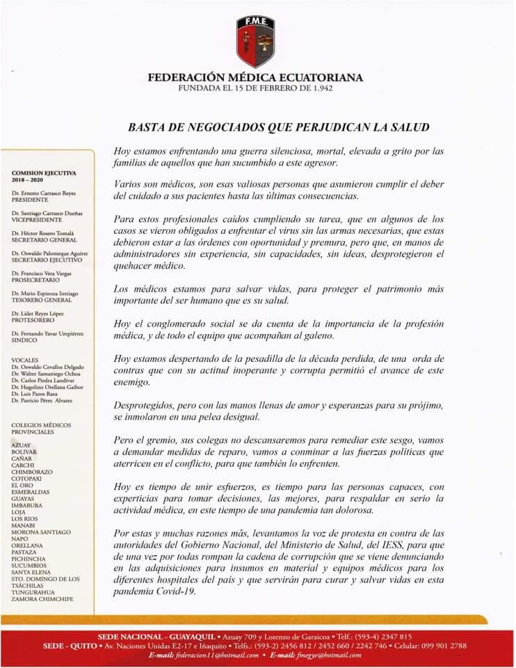 ecuainm_oficial's tweet photo. ▶️#ATENCIÓN Federación Médica Ecuatoriana rechaza actos de corrupción en hospitales de #Ecuador. Señalan que "levantan la voz de protesta en contra de Gobierno, del Ministerio de Salud, para que de una vez por todas rompan la cadena de corrupción que se viene denunciando".👇 https://t.co/dtDeiOxcc8