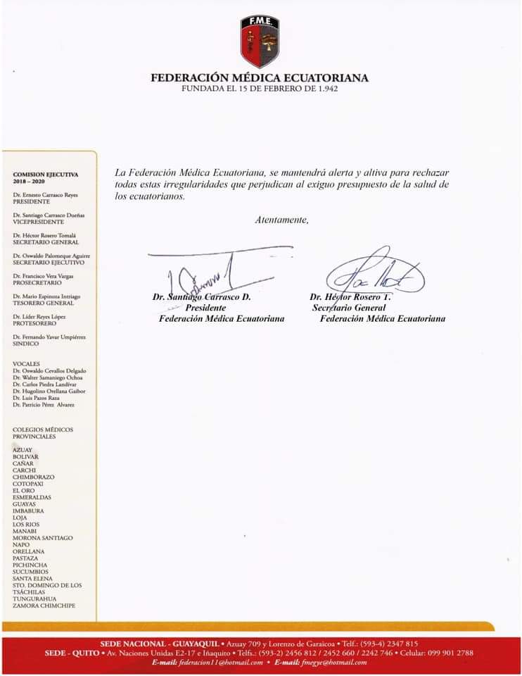 ecuainm_oficial's tweet photo. ▶️#ATENCIÓN Federación Médica Ecuatoriana rechaza actos de corrupción en hospitales de #Ecuador. Señalan que "levantan la voz de protesta en contra de Gobierno, del Ministerio de Salud, para que de una vez por todas rompan la cadena de corrupción que se viene denunciando".👇 https://t.co/dtDeiOxcc8