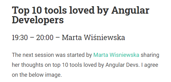 _DevSuhas_'s tweet photo. @MartaW_PL sharing her thoughts on Top 10 tools used by Angular Devs!
https://t.co/OsZtMftLQh
#jsvidcon #jsvidcon2020 https://t.co/J6itlxspG5