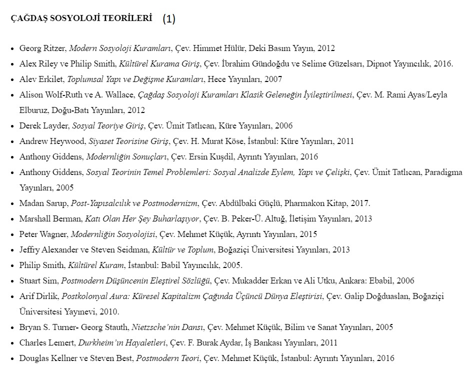  Çağdaş Sosyoloji Teorileri Okuma Listesi:(Ayrıca bkz.  https://sosyoloji-edebiyat.istanbul.edu.tr/tr/content/sosyoloji-doktora-programi/yeterlilik-okuma-paketi)