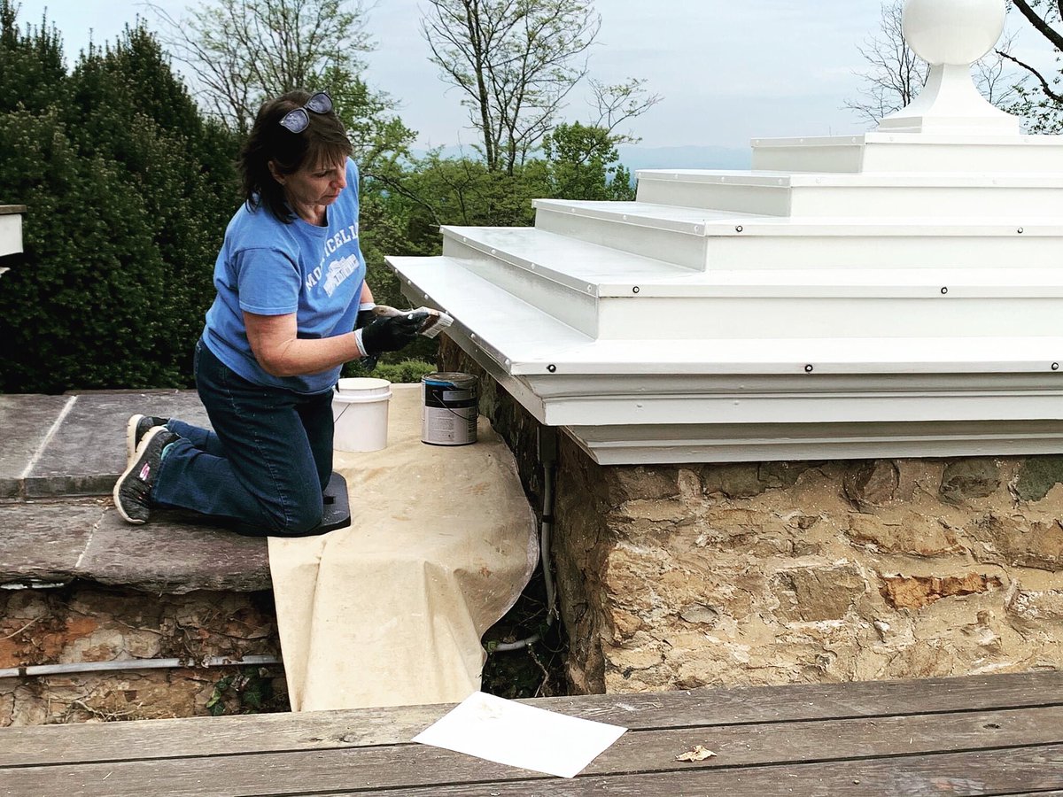 There are many important projects still happening on the Mountaintop. Here, Carol Richardson is painting the roof of the North Privy. She’s been making sure every square inch of Monticello is in tip top shape for 21 years and counting. Thanks, Carol - the place looks GREAT!