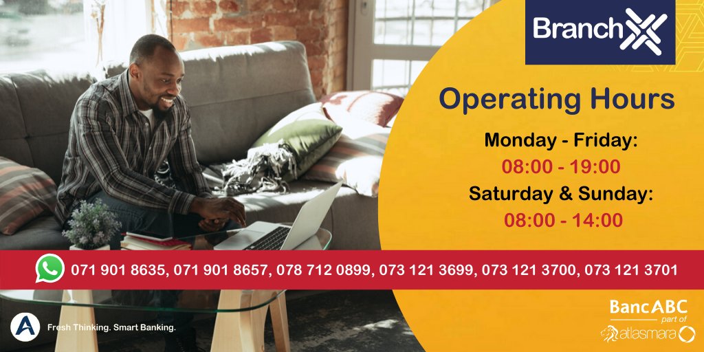 BancabcZW's tweet photo. Happy #YellowFriday โ๏ธ
Did you know that #BranchX is open 7 Days a Week!
๐Monday - Friday: 08:00ย -ย 19:00
๐Saturday & Sunday: 08:00 - 14:00
Get in touch with a #BranchX Agent on - 086 770 08667
Skype #ATeam1 - #ATeam6
or via the WhatsApp Nos below ๐ https://t.co/8Y2jaHs4O6