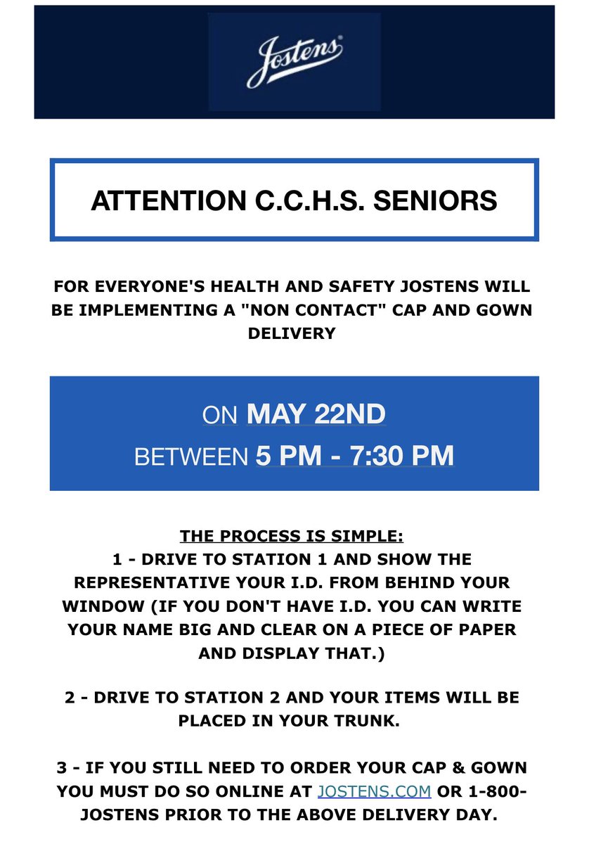 CCHSevents's tweet photo. Class of 2020! We are working on a virtual ceremony for you as well as a drive thru cap and gown delivery. 

Cap and Gown Delivery May 22 5:00-7:30pm

Virtual Ceremony: June 4

If you still need/want a cap and gown contact Jostens https://t.co/G4B3l968Zy