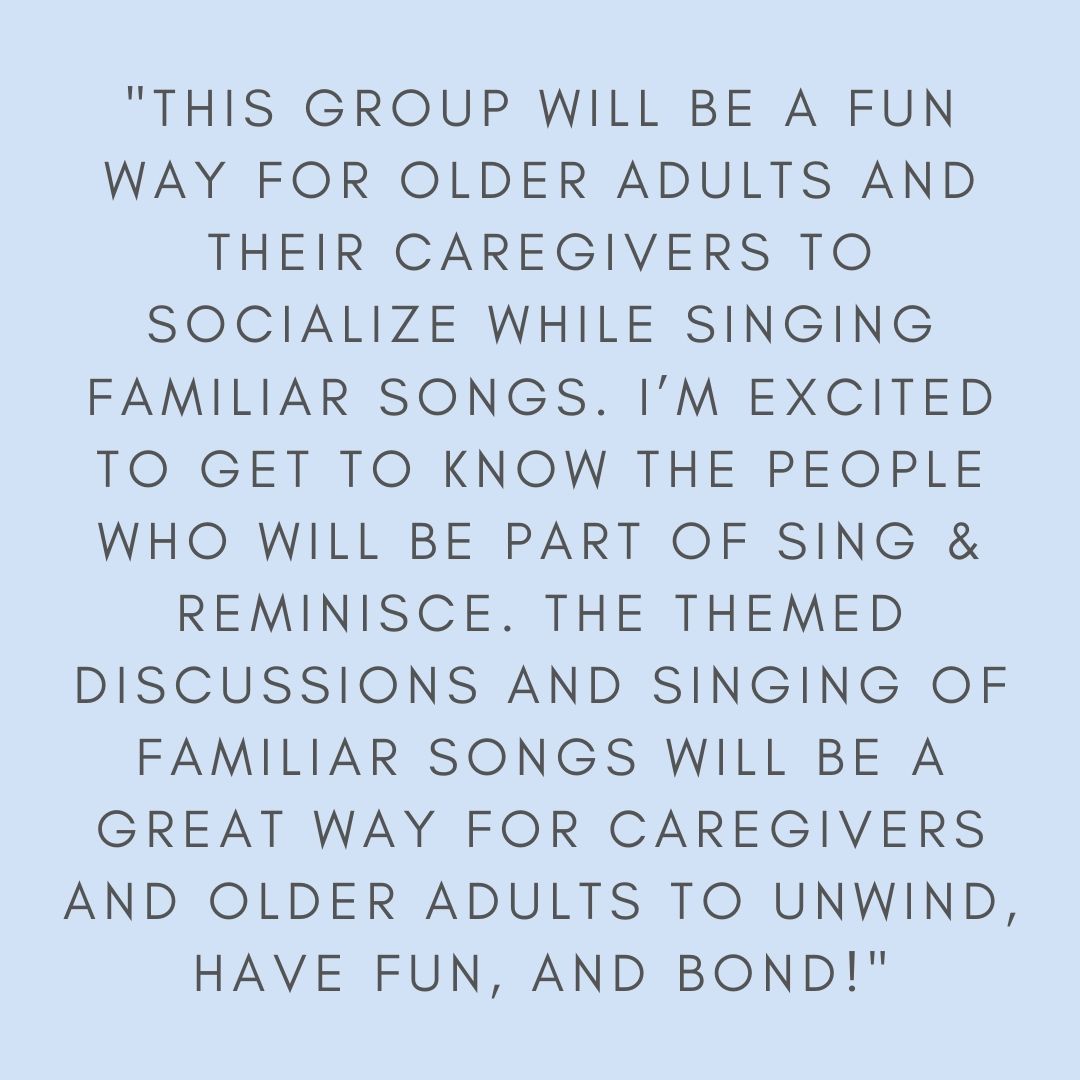 GROUP HIGHLIGHT: Sing &amp; Reminisce! If you're a senior or caring for a senior, we've got a group for you! Join Chrystalla for some social time, music, and reminiscing...

Interested in joining us? Visit musictherapyfund.ca/music-therapy/
OR
email info@musictherapyfund.ca
for more info