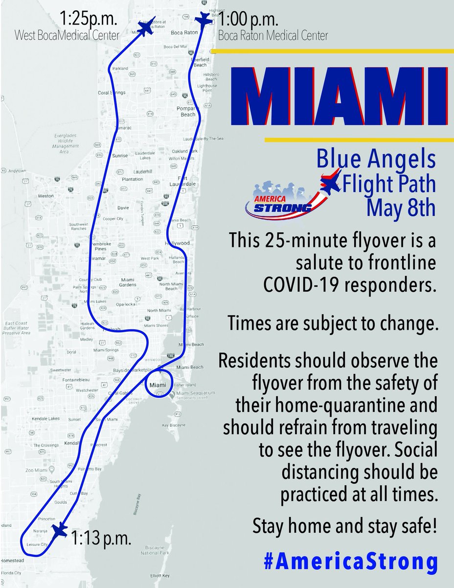 MayorBovo's tweet photo. On Friday, May 8th, the @BlueAngels will fly over #OurCounty to salute our healthcare professionals, first responders &amp; essential workers on the front lines of the #COVID19 pandemic. #MDCStrong 🇺🇸 https://t.co/00WrHXceGW