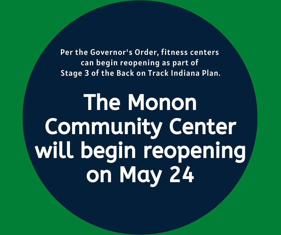 Per the Governor’s Back on Track Indiana Plan, gyms + park amenities can begin reopening under Stage 3. The MCC, playgrounds, dog park, skate park, splash pads + restrooms will begin reopening May 24. Details about reopening can be found on our website. carmelclayparks.com/coronavirus-in…