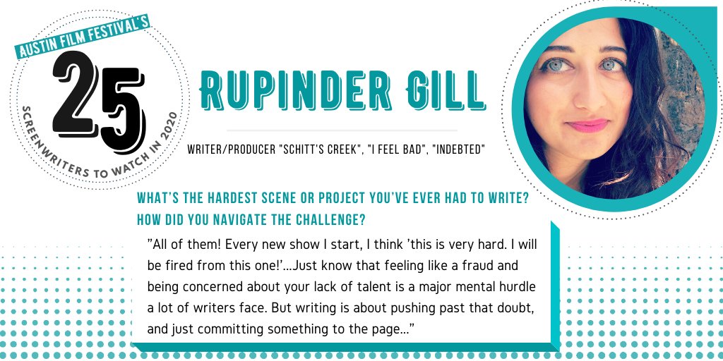 austinfilmfest's tweet photo. Read what else @rkgill had to say and see who else made our list of 25 Screenwriters to Watch in 2020 here: https://t.co/maGO2MGkbS
#SW2W #screenwriters #writingcommunity #tvwriting #schittscreek https://t.co/g6R4oBWQCO