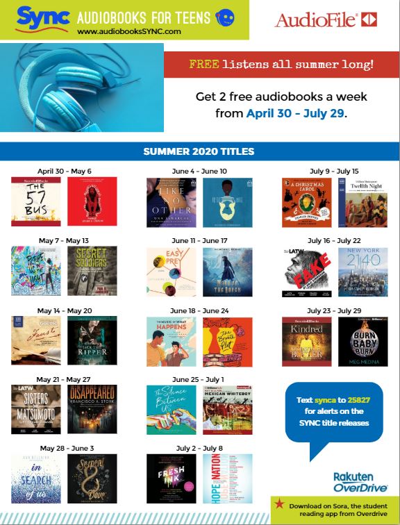 SL_Library's tweet photo. Sync is releasing their next two audio books in their Teen Summer Reading Program. Tonight is your last chance to download the first two they released. These are FREE with no return dates.
 Sign up at the link below:
https://t.co/uzI2YqsLkT https://t.co/nDe0g4SJyL