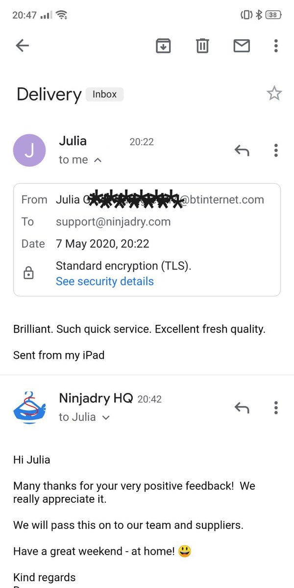 ninjadryBelfast's tweet photo. Ninjadry Food Delivery in full swing this eve 😃 Instant feedback below ⬇️ Thank you Julia 👍 We cover all Belfast and North Down 🍎 One order, one payment, one delivery - for all your local fresh food and produce 🐮 #Belfast #localbusinesses #coronavirus #belfasthour #pivot https://t.co/J51IdXjJuS