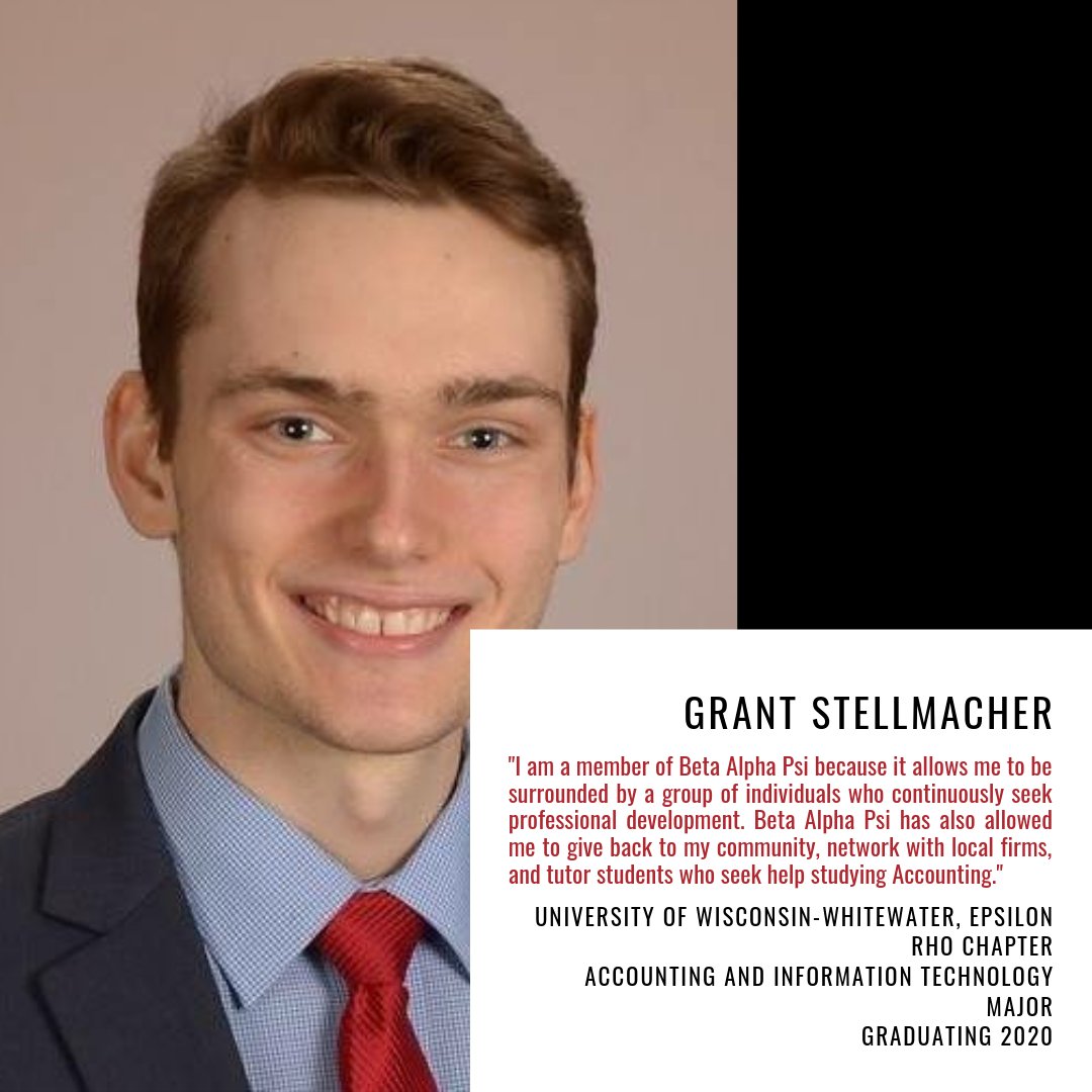 _BetaAlphaPsi's tweet photo. Throughout the year we will be spotlighting some of our Beta Alpha Psi student members! Today we are spotlighting Grant Stellmacher. Be sure to follow along with #BAPStudentSpotlight https://t.co/BLvkafwPTe