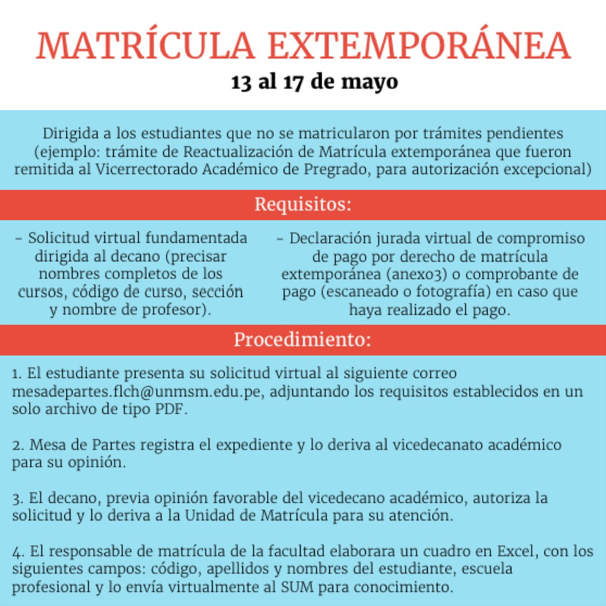 letrasUNMSM's tweet photo. #LetrasInforma PARTE 1
🔴 MATRÍCULA | La Unidad de Matrícula de la FLCH anuncia el inicio de los Procesos del Semestre Académico 2020-I.
En las imágenes encontrarán la explicación de cada trámite, las fechas límite, los requisitos y el procedimiento que estos tendrán. https://t.co/biQiSTcCj4