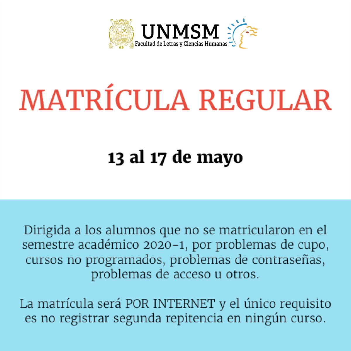 letrasUNMSM's tweet photo. #LetrasInforma PARTE 1
🔴 MATRÍCULA | La Unidad de Matrícula de la FLCH anuncia el inicio de los Procesos del Semestre Académico 2020-I.
En las imágenes encontrarán la explicación de cada trámite, las fechas límite, los requisitos y el procedimiento que estos tendrán. https://t.co/biQiSTcCj4