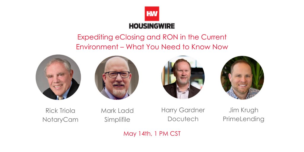 Have you saved your spot? Next week we'll be joined by @NotaryCam, <a href="/Simplifile/">Simplifile</a> and <a href="/PrimeLending/">PrimeLending</a> for a <a href="/HousingWire/">HousingWire</a> webinar to share how lenders should be thinking about #eClose and #RON amid COVID-19. 
hubs.ly/H0qdgd-0