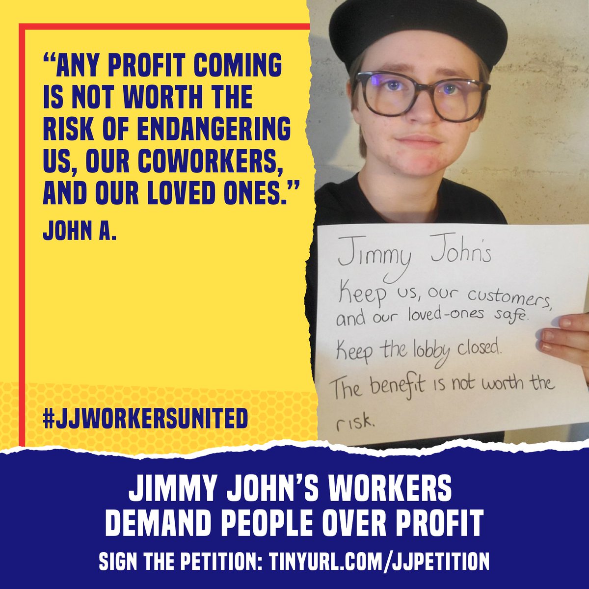 JimmyWorkers's tweet photo. In these difficult times, we must all stand together to keep our families and communities safe! We deserve paid time off if we get sick!
Sign and support our petition here: https://t.co/Dx59T9ksEj
#JJWorkersUnited https://t.co/qd6MXXrLQu