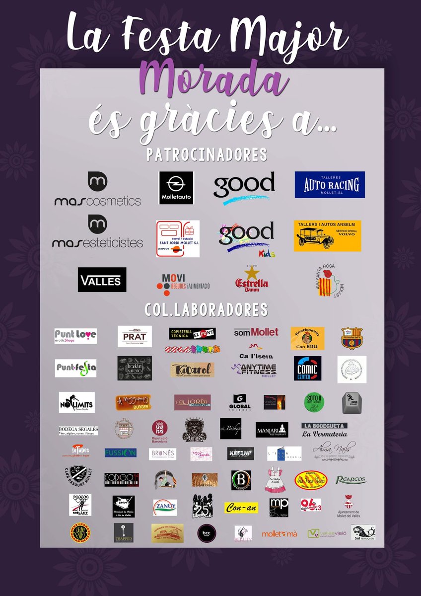CollaMorada's tweet photo. COMPRA A MOLLET! 🍴🛒🛍️👖👠
Qui tantes vegades ens han ajudat, amb la Festa Major i tots els actes morats. Ara ens toca ajudar-los. Ajuda, compra i consumeix a Mollet. Sense el comerç, Mollet no seria el mateix. #CuidemNosMollet #CollaMorada #SomCasa💜 https://t.co/x3iDfCTySv