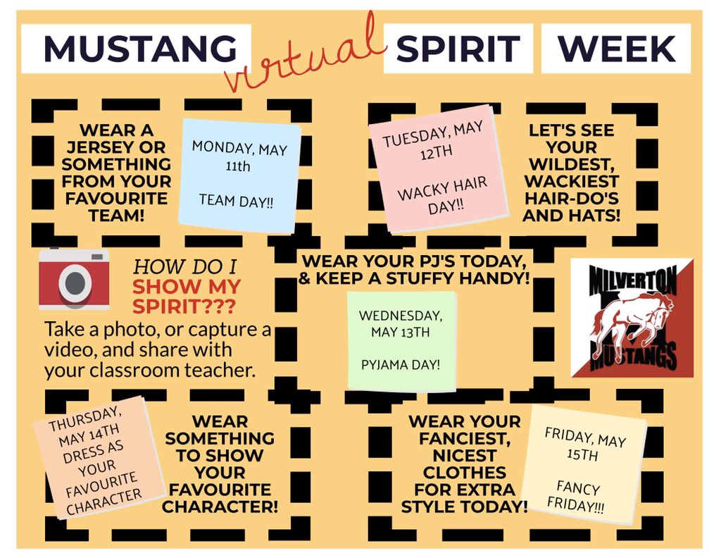 milvertonps's tweet photo. Hey Mustangs, check out the schedule for our virtual #Mustangspiritweek that gets underway on Monday with Team Day! A new theme every day next week. Take a photo or video of you & your family partaking in the fun and share it with us! Looking forward to it! #iamwell @yourschools https://t.co/oggR7XM2Xz