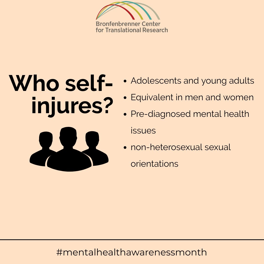 selfinjurybctr's tweet photo. Welcome to #MentalHealthAwarenessMonth where here at the Cornell Self-Injury lab, we will be delivering the facts and ending the myths on #selfinjury and NSSI. First up - who self injures? Remember, this is not a definitive list nor should it define your identity. https://t.co/eYsaEE9Fcd