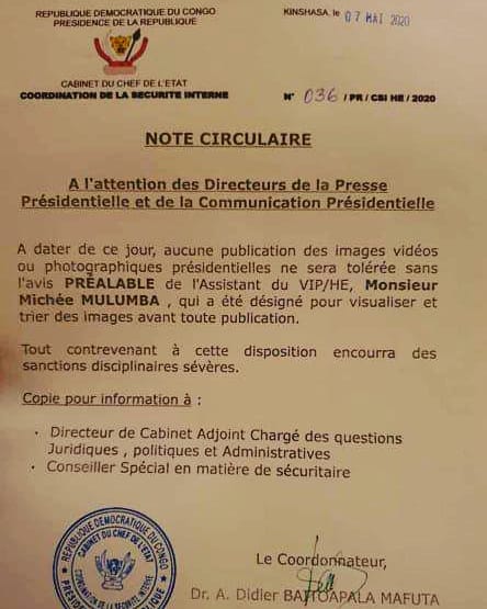 Huinfos's tweet photo. 🔴#NOTE_CIRCULAIRE🇨🇩 Desormais la diffusion de toute vidéo ou photo du Chef de l'État Felix Tshisekedi doit avoir l'avis préalable de @mimul20 ass VIP/HE.
https://t.co/lqgLe0zrus https://t.co/LQIXLKfTqb