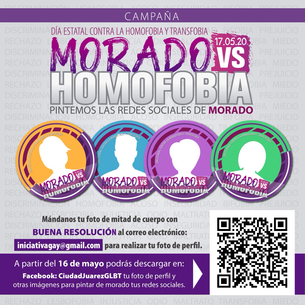 sisexac's tweet photo. Apoyando y sumándonos con @CiudadJrzGLBT a la Campaña #MoradoVSHomofobia Pintemos las Redes Sociales de Morado
17.05.2020 Día Estatal Contra la Homofobia y Transfobia
Escanea el Código QR y podrás descargar tu foto de perfil a partir del 16 de mayo https://t.co/TcGVCfMa2q