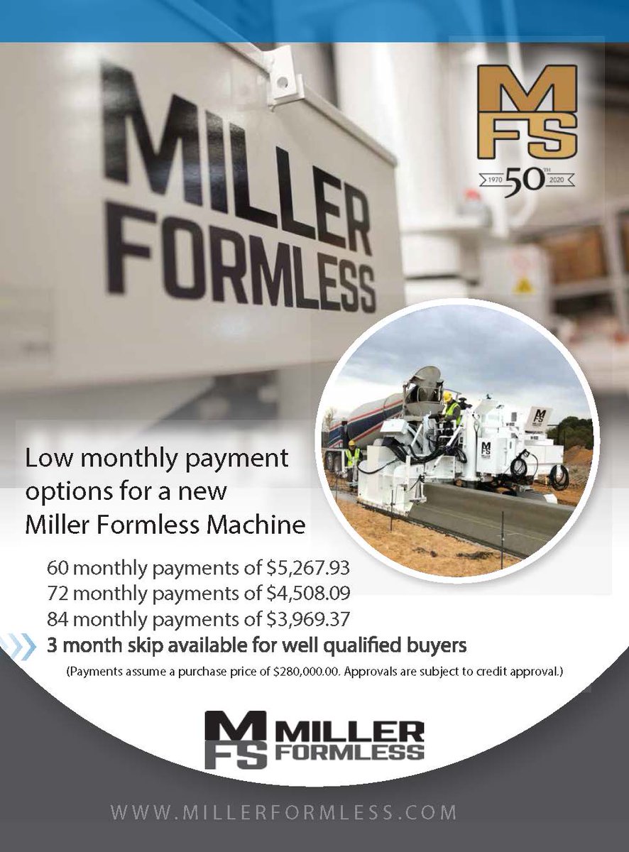 MillerFormless's tweet image. Let’s get to work!  90 days, NO payments, 72 to 84 months on all NEW Miller Formless machines. #millerformless #curbandgutter #barrierwall #concrete #construction