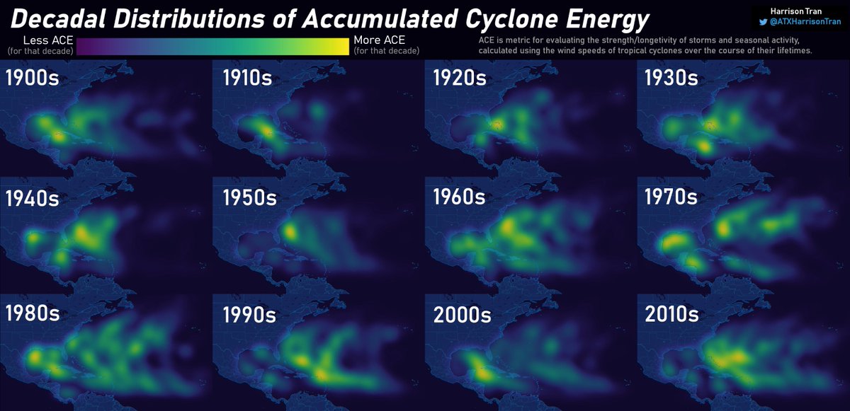 How have the paths of Atlantic #hurricanes changed each decade? A look at the distribution of accumulated cyclone energy shows each decade's hotspots, including the active Caribbean + Gulf of the 2000s and the Bahamas of the last decade.

#hurricaneseason #Weather #tropical #wx