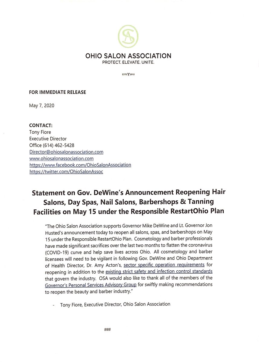 OhioSalonAssoc's tweet photo. Here is the @OhioSalonAssoc statement on @GovMikeDeWine and @LtGovHusted reopening #salons #spas and #barbershops on May 15. https://t.co/CgCjtcZeVE