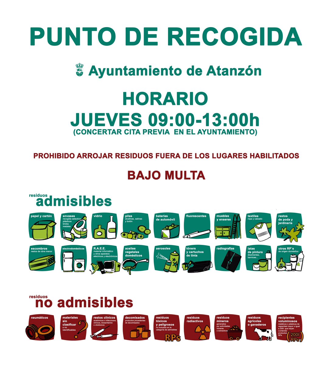 Villa_Atanzon's tweet photo. AYUNTAMIENTO DE ATANZÓN ♻️PUNTO DE RECOGIDA 🌍SEPARA - RECICLA - REUTILIZA 📅JUEVES ⏰9:00h - 13:00h #recicla #reciclamosjunt #atanzón #villadeatanzón #ayuntamientodeatanzón https://t.co/RdbEdaa9RS