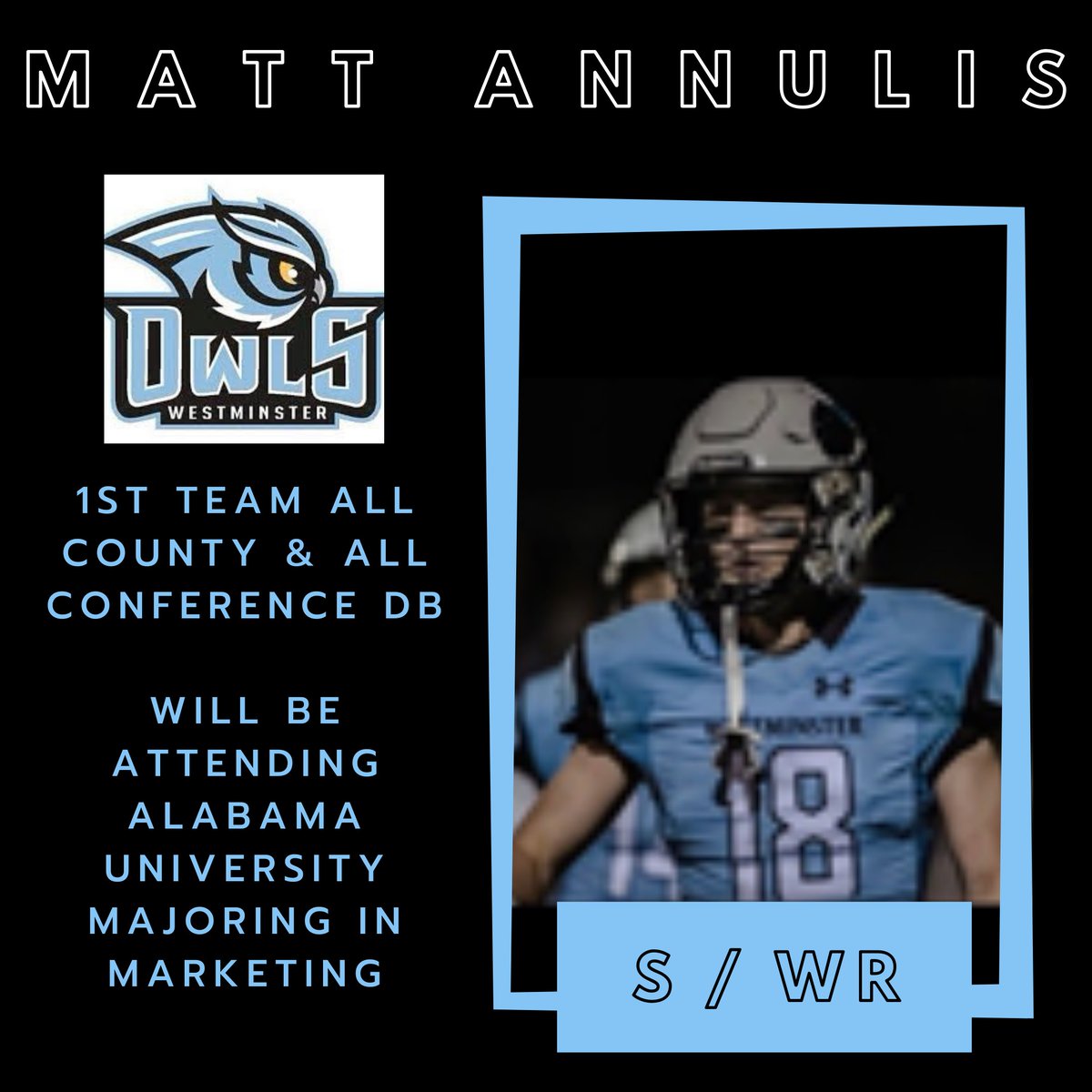 Today's senior of the day is <a href="/MattyIcee29/">Matt Annulis</a>. He improved more in one year than any player I have ever coached and became a real force in our secondary and a guy we could always count on for a big catch.  Good luck next year at Bama!!!