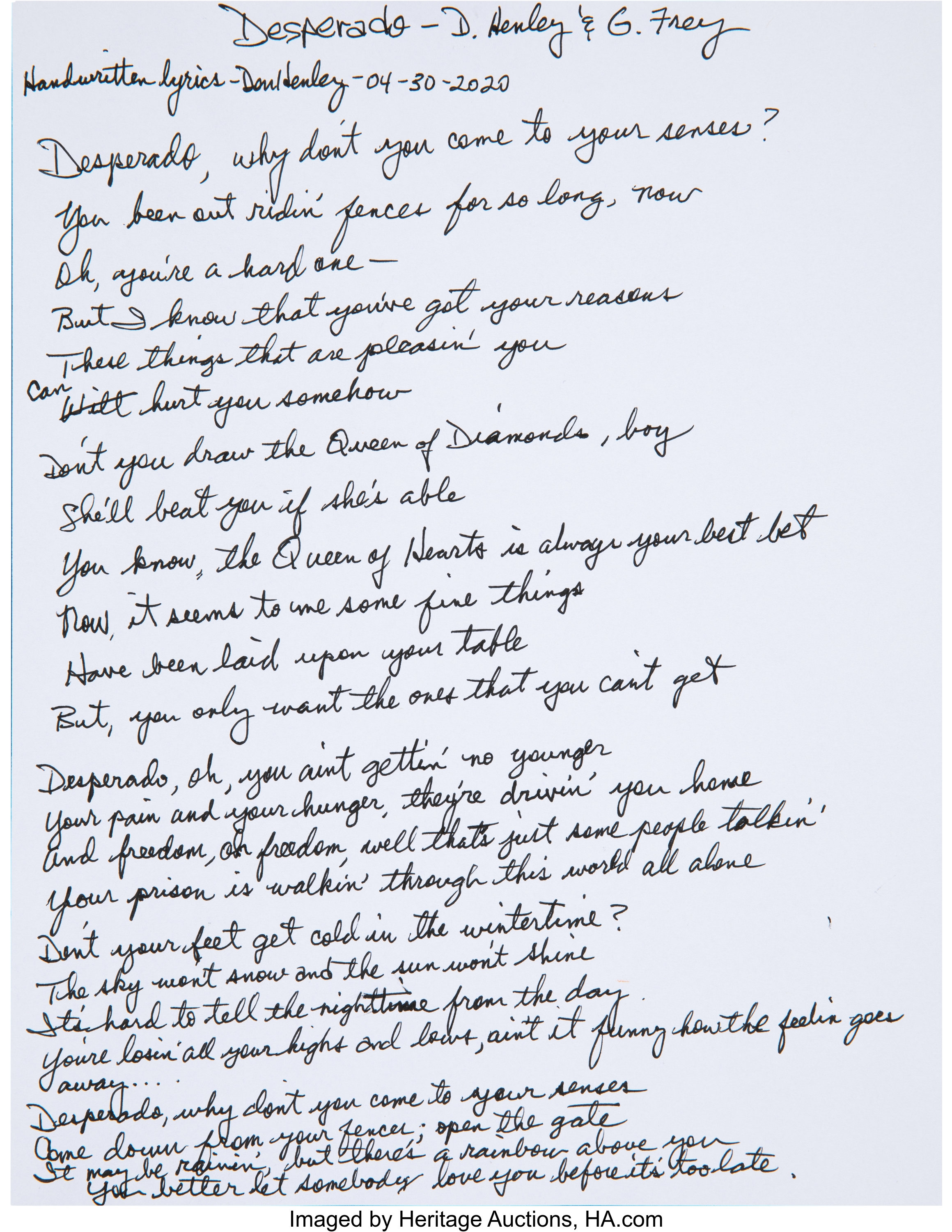 Don Henley Handwritten 'Desperado' Lyrics in Auction to Benefit North Texas  Food Bank