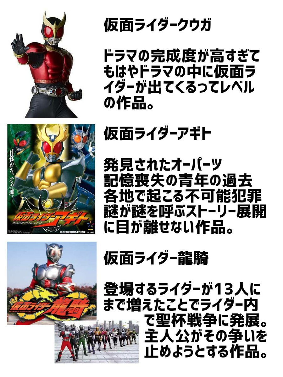 クロスモズアマゾン Twitterissa 仮面ライダーをほとんど知らない人の為の作品紹介 アマプラで見れる平成ライダー作品第1作 クウガ 第3作 龍騎 をぎゅ っと簡潔に紹介します 気になったら何作目からでもいいので ぜひ観てほしいです おうちで過ごそう