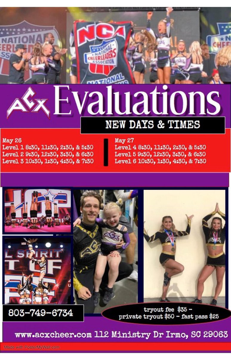 ‼️NEW ‼️
TRYOUT INFORMATION 
Registration starts now!!!!!!

Tryout packet will be available online at 
acxcheer.com TOMORROW!!!! 

Join season 22 
Where Dreams Come True ✨