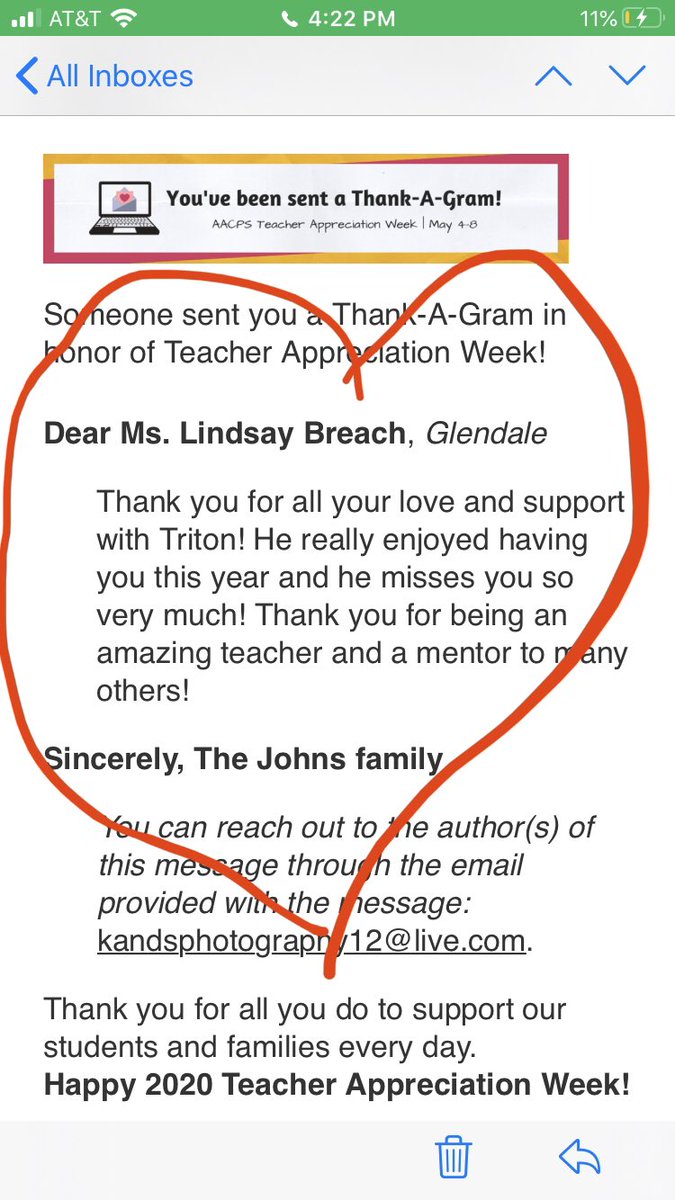 BreachLindsay's tweet photo. @AACountySchools This was such a great idea and I think that it has touched a lot of teachers hearts. Thank you for doing this. The Johns family is so sweet and supportive and I’m so lucky to have had triton in my class!! 💙@GlendaleESAACPS https://t.co/Yiqr1fjDPu