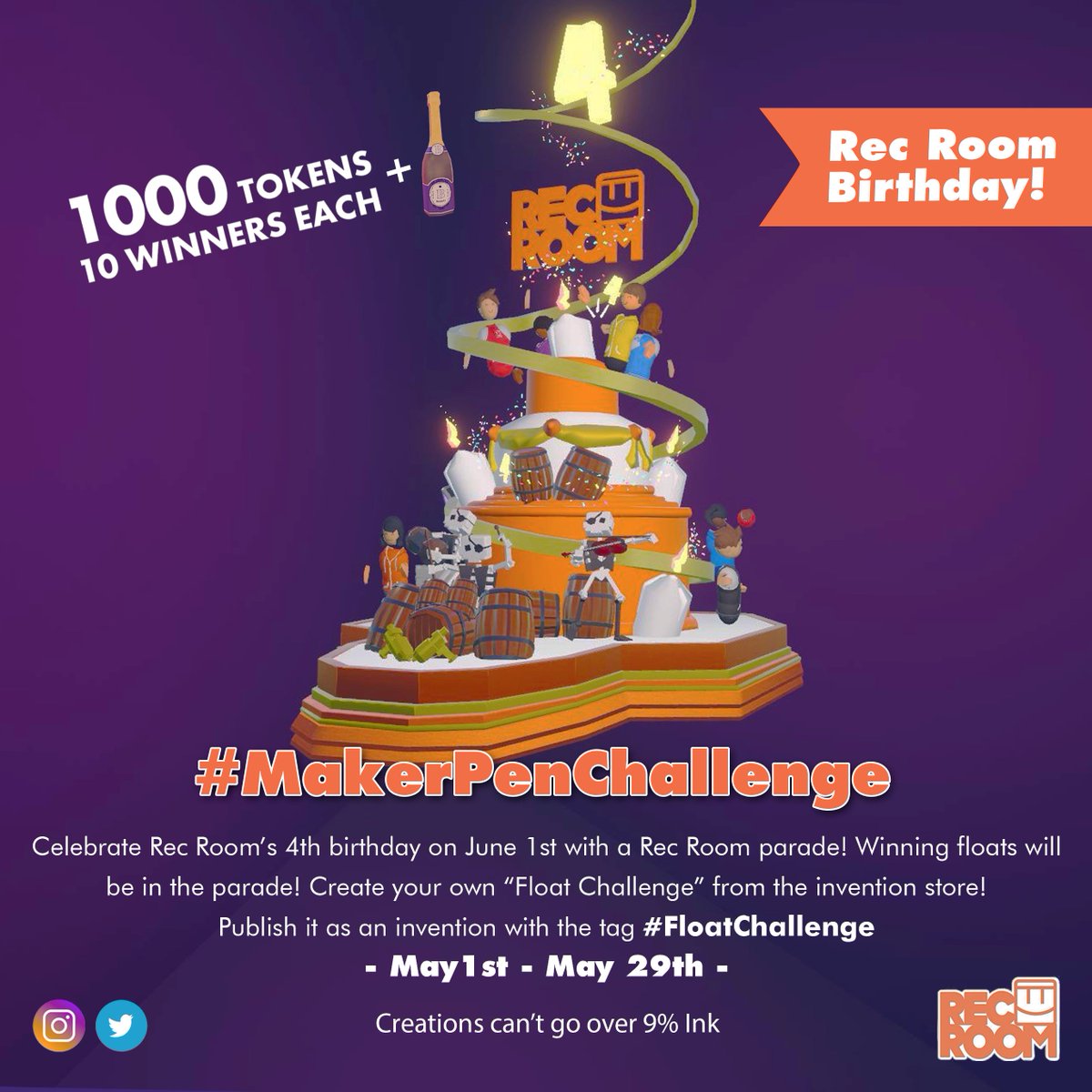 RRCreativeClub's tweet photo. Celebrate Rec Room’s 4th birthday on June 1st with a Rec Room parade! Winning floats will be in the parade! Create your own “Float Challenge” from the invention store! Publish it as an invention with the tag #FloatChallenge.
#recroom #parade #birthday #makerpenchallenge #create https://t.co/J6ZRuO64Nm