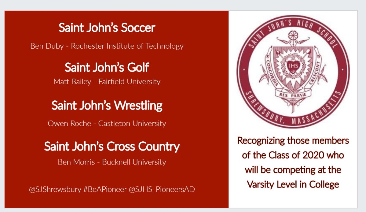 SJHS_PioneersAD's tweet photo. Today we recognize those members of the Class of 2020 who will be competing at the Varsity Level in College. 
@SJShrewsbury @superfans_sj @SJHSLacrosse @StJohnsHSRowing @SJHSbaseball @SaintJohnsFB
@PioneersXC @StJohnswrestlin @StJohns_Soccer @SJHSGolf #BeAPioneer https://t.co/eyx975a4vG