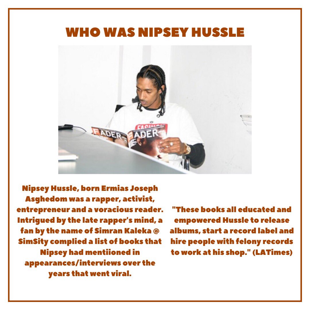 UMassBU's tweet photo. How many books have you read on this list? Let us know down below!Reading a great book stimulates the mind and empowers the reader like it did for Nipsey. This is also an excellent time to pick up a book to while away time as most of us are stuck at home with nothing to do. https://t.co/6R1ApYA0gk