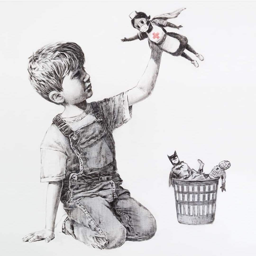 Questa è l'ultima opera di Banksy, un omaggio a tutti i sanitari del mondo. "Un eroe è un normale essere umano che fa la migliore delle cose nella peggiore delle circostanze"