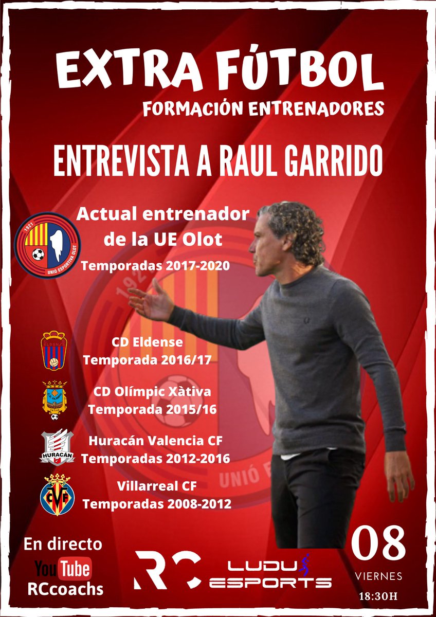 Divendres dia 8 de maig a las 18:30h en directe al canal de YouTube RCcoachs realitzarem una entrevista molt interessant a Raul Garrido, actual entrenador de la UE Olot ⚽️🎤🎧🎬💻 <a href="/RCcoachs/">RCcoachs</a> <a href="/UEO1921/">Unió Esportiva Olot</a>
