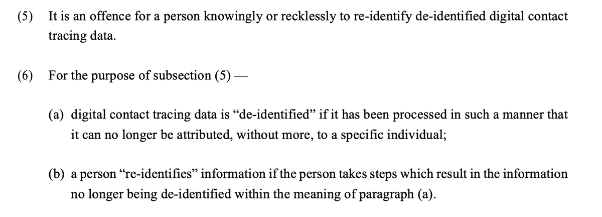 4. Makes it an offence to 're-identify' de-identified data. This addresses the concern that even if parts of our data are anonymised a devious individual could combine with other data to identify us.