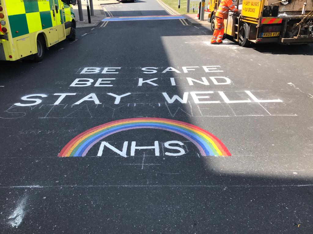 HighwayAssuran1's tweet photo. To show our appreciation, we have privately funded these beautiful markings outside of Ipswich Hospital. We would like to take this opportunity to thank our NHS for the amazing work they continue to do. Keep an eye out to see our markings appear at Colchester Hospital next week🌈 https://t.co/rNbKfbq0X2