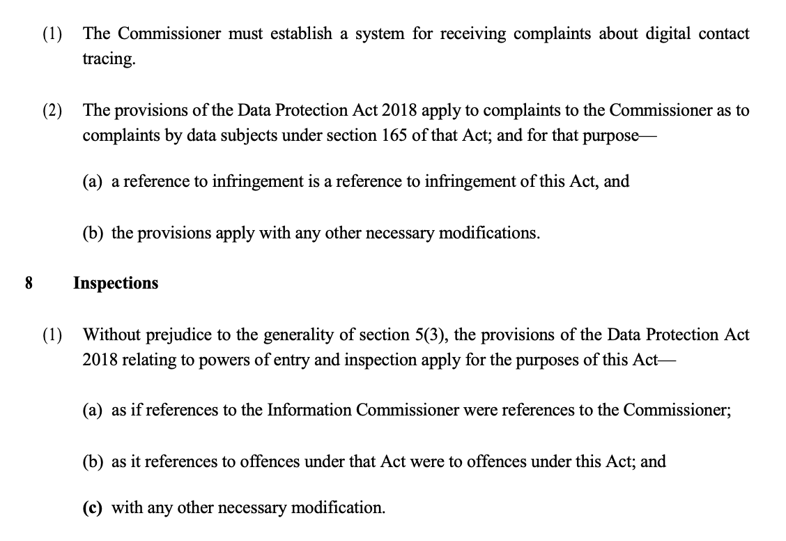 5. Establishes a new regulator - the Digital Contact Tracing Human Rights Commissioner.- Has same powers of inspection and entry as Information Commissioner- Will run a complaints system for people who feel their data has been misused