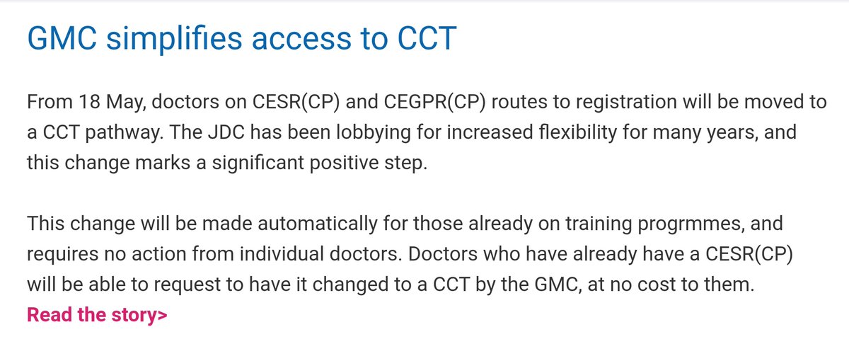 DrSarahHal's tweet photo. *Breaking news*: confirmation from @gmcuk that doctors who complete  CESR-CP will from now on receive a CCT. 
JDC have long been lobbying for increased flexibility; this represents a step forward in recognising alternative training routes, and valuing an individual's experience. https://t.co/NrSp94wvWl